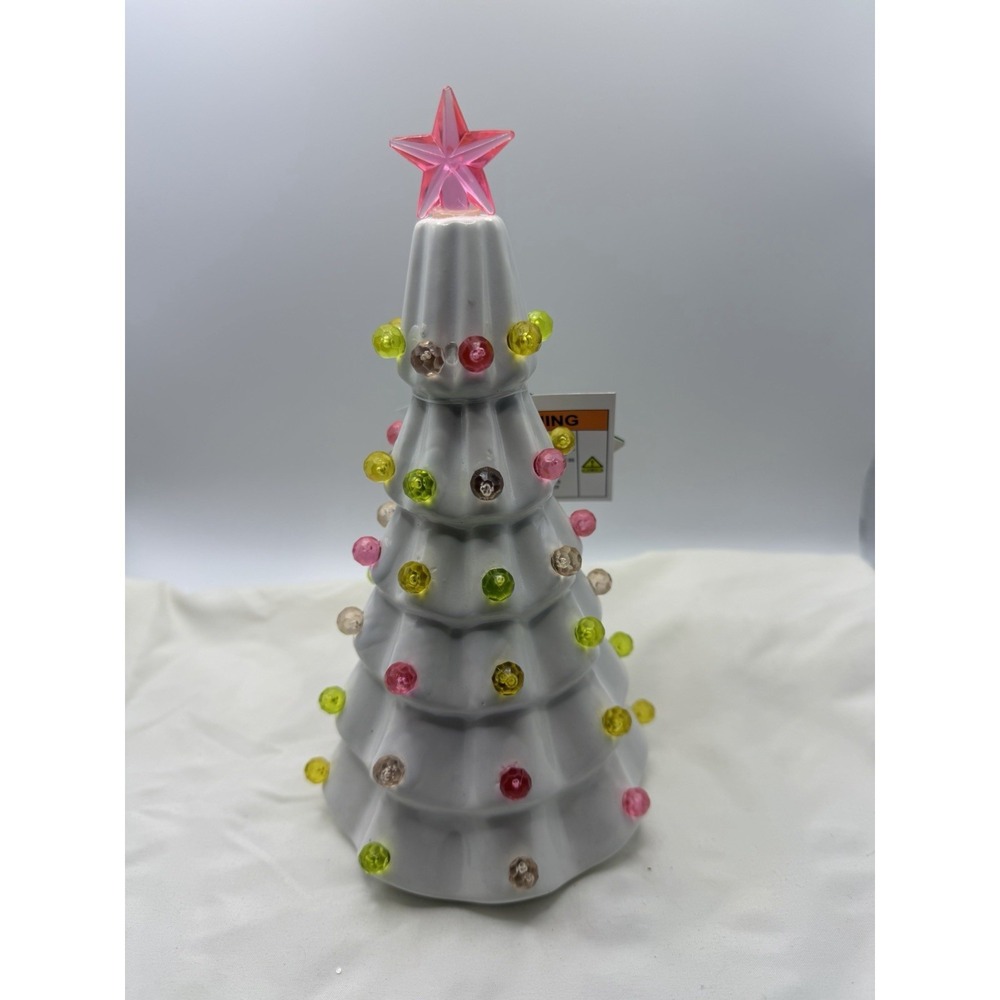 FESTIVE VOICE White Pastel Light Up Ceramic Christmas Tree 9.5" H Pink Star READ
